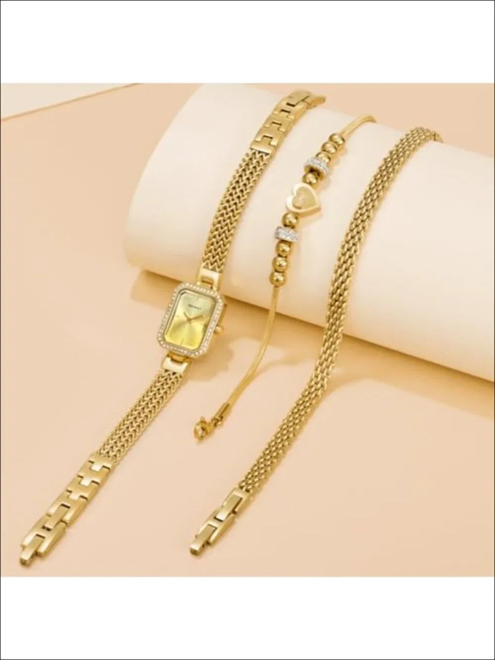 Dainty Quartz Wrist Watch and Bracelet Set - Stainless Steel, Crystal Accented,